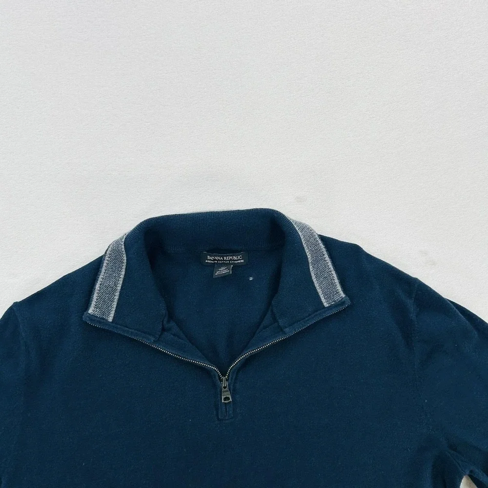 Banana Republic Sweater Mens Medium Blue Mock Neck 1/4 Zip Cotton Cashmere Knit